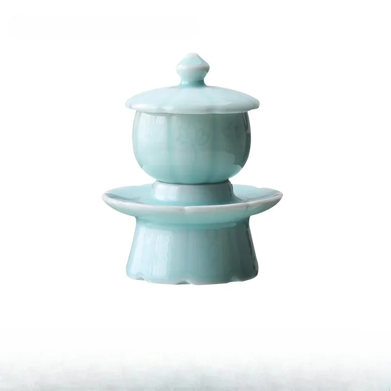 Celadon Ceramic Cup - ถ้วยเซรามิกสีเขียวเซลาดอนพร้อมถ้วยน้ำมนต์ ถ้วยน้ำพระพุทธรูป เครื่องใช้และอุปกรณ์ทางพุทธศาสนา ถ้วยชาขนาดเล็กสำหรับถวายบูชาพระโพธิสัตว์กวนอิม